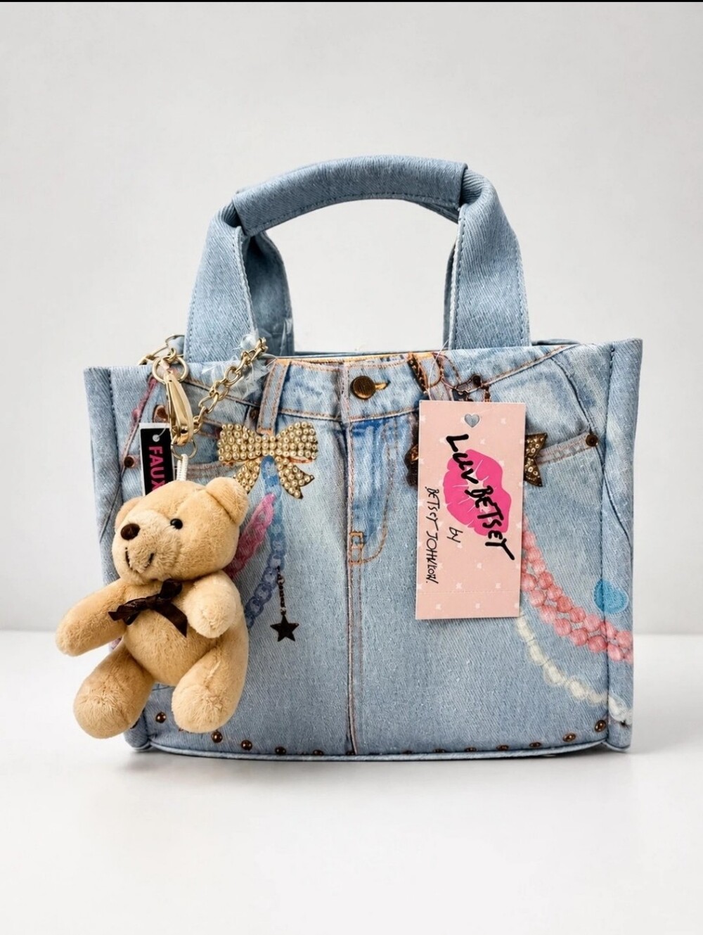 👉✨️ Betsey Johnson Light Blue Denim Satchel with Plush Bear Charm